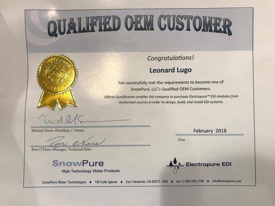 Certificado Electrodesionización Aquarent